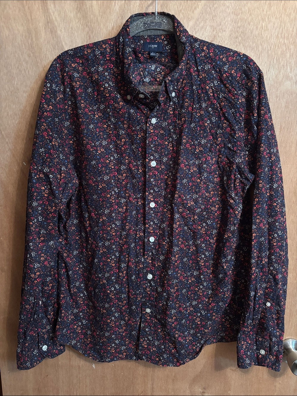 J. Crew Men's Navy Button-Down Shirt with Red Floral Print